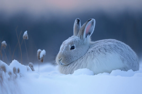 A white rabbit in a snowy field with a pinkish sky.