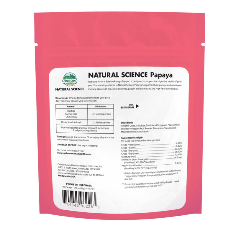 Oxbow Natural Science Papaya Support Digestive Supplement for Rabbits, Guinea Pigs, Hamsters, Chinchillas, Small Animals 33 Grams