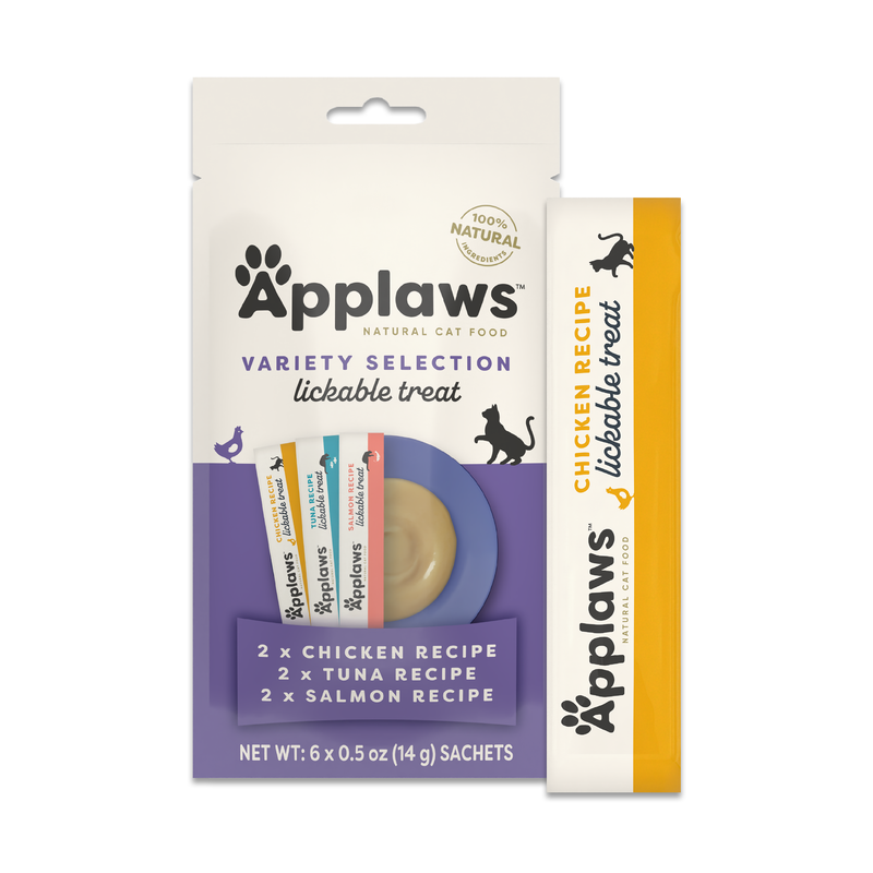 Applaws Natural Grain-Free Complementary Wet Cat Treats – Variety Lickable Treats (Chicken, Tuna & Salmon), 6 x 15g