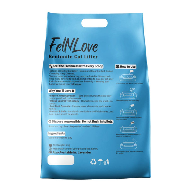 FelNLove Bentonite Cat Litter | 5kg | Fast Clumping, 99% Dust-Free, Strong Odor Control, Natural Sodium Bentonite Clay | Fresh, Calming (Unscented)