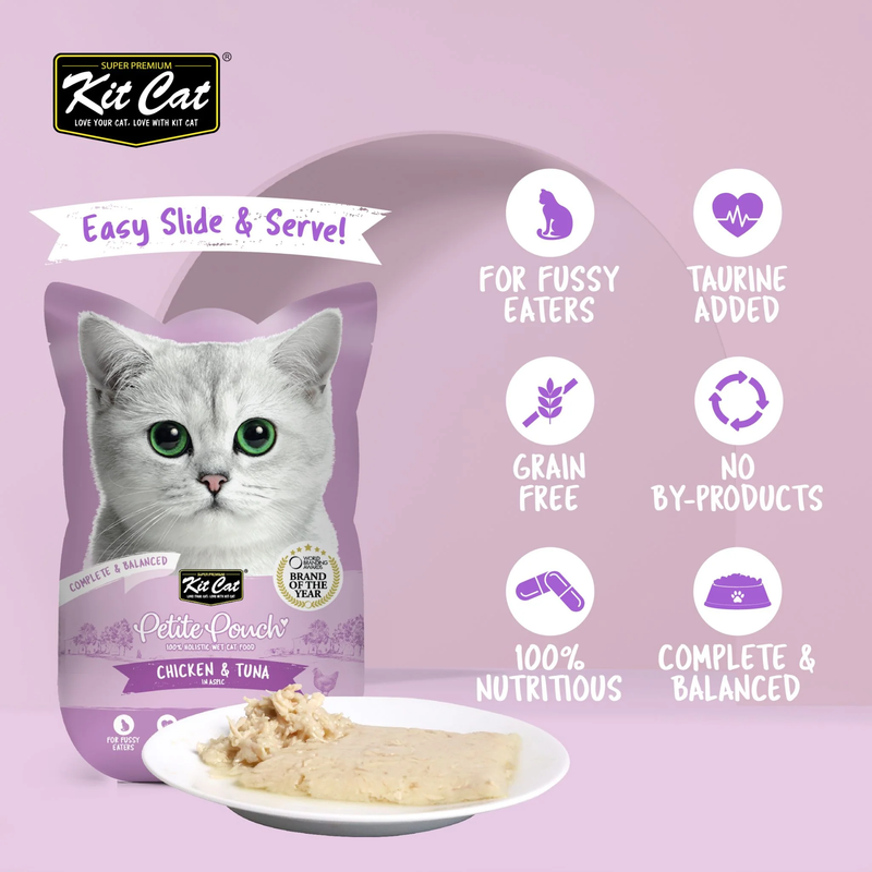Kit Cat Petite Pouch Complete & Balanced Wet Cat Food - Chicken & Tuna in Aspic 70g