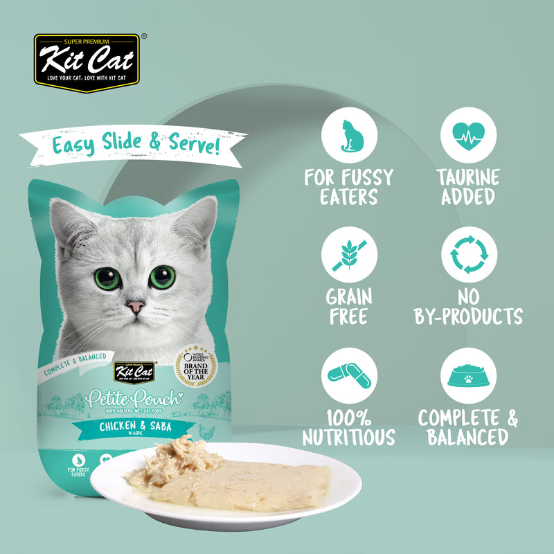 Kit Cat Petite Pouch Complete & Balanced Wet Cat Food - Chicken & Saba in Aspic