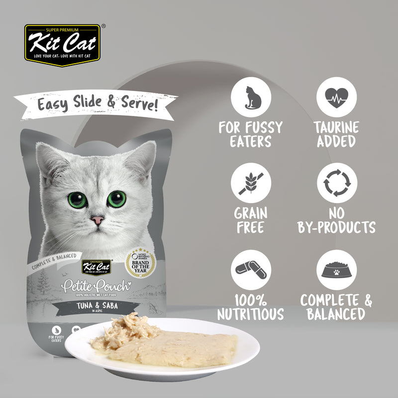 Kit Cat Petite Pouch Complete & Balanced Wet Cat Food - Tuna & Saba in Aspic